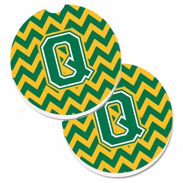 Letter Q Chevron Green and Gold Set of 2 Cup Holder Car Coaster